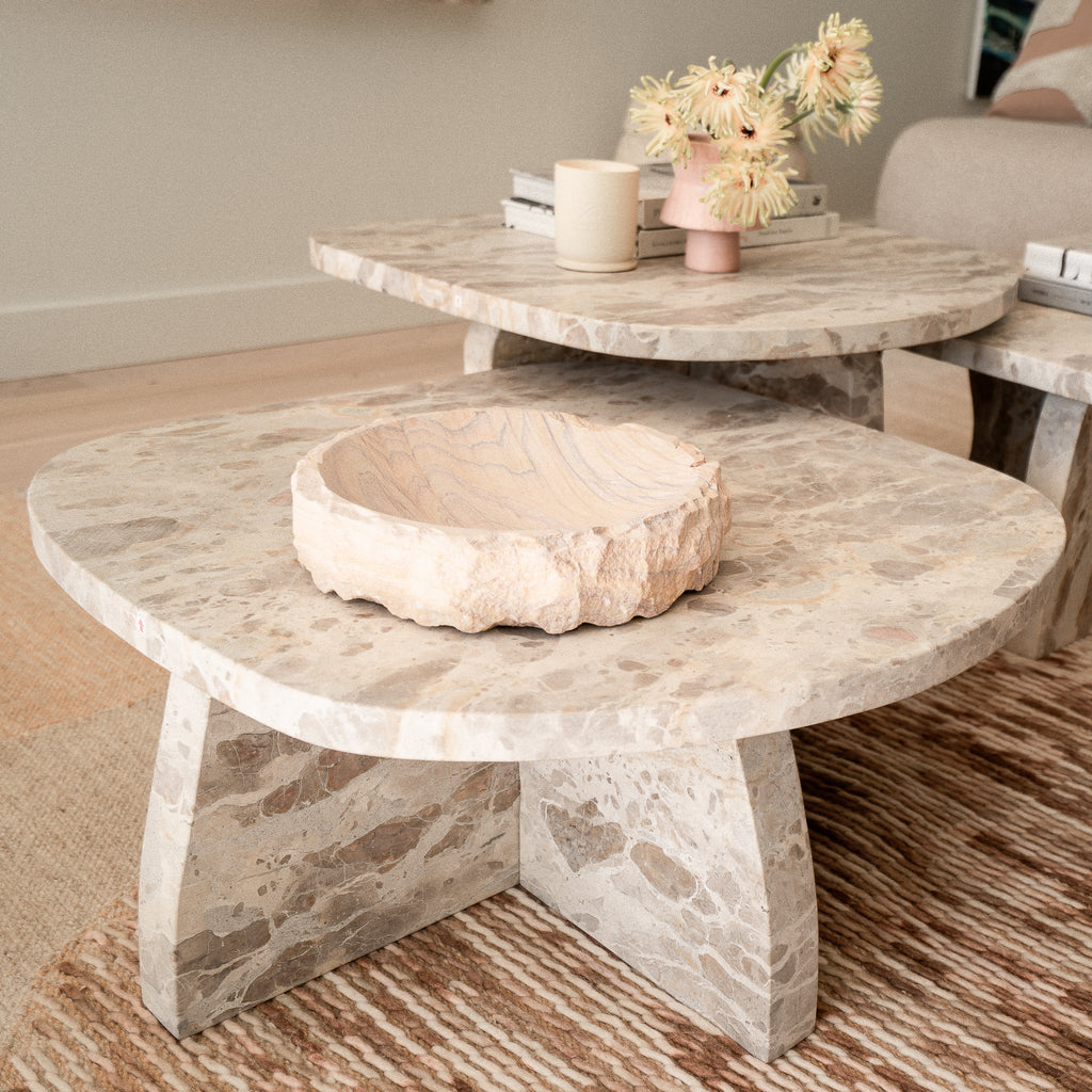 Andrea Sandstone Bowl on Capri Stone Table - Modern Living Room Styling Inspiration